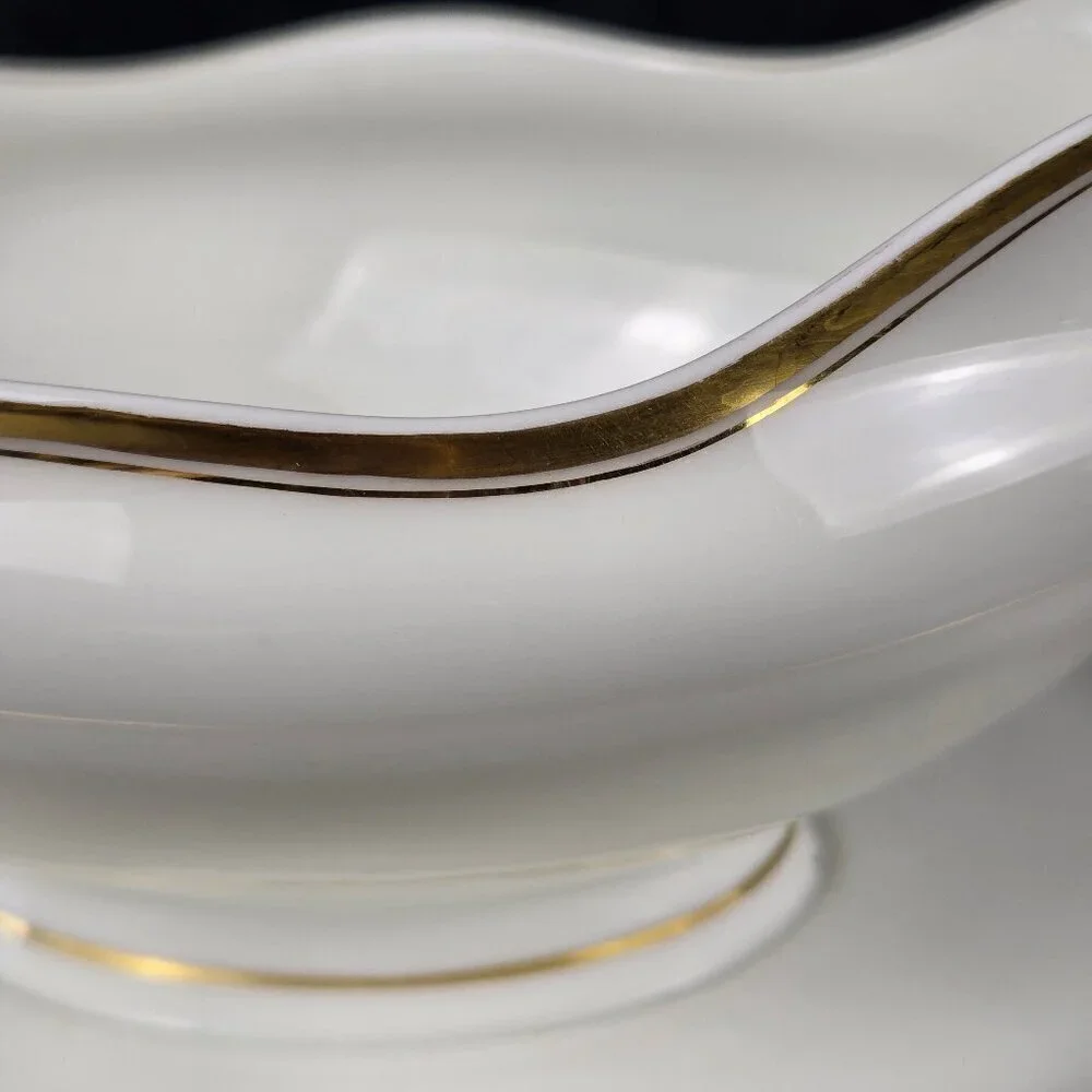 Haviland Limoges Gravy Boat with Underplate Attached Cream w/ Gold Accents Vtg